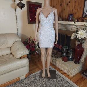 Sequin Embellished White Mini Dress with Spaghetti Straps